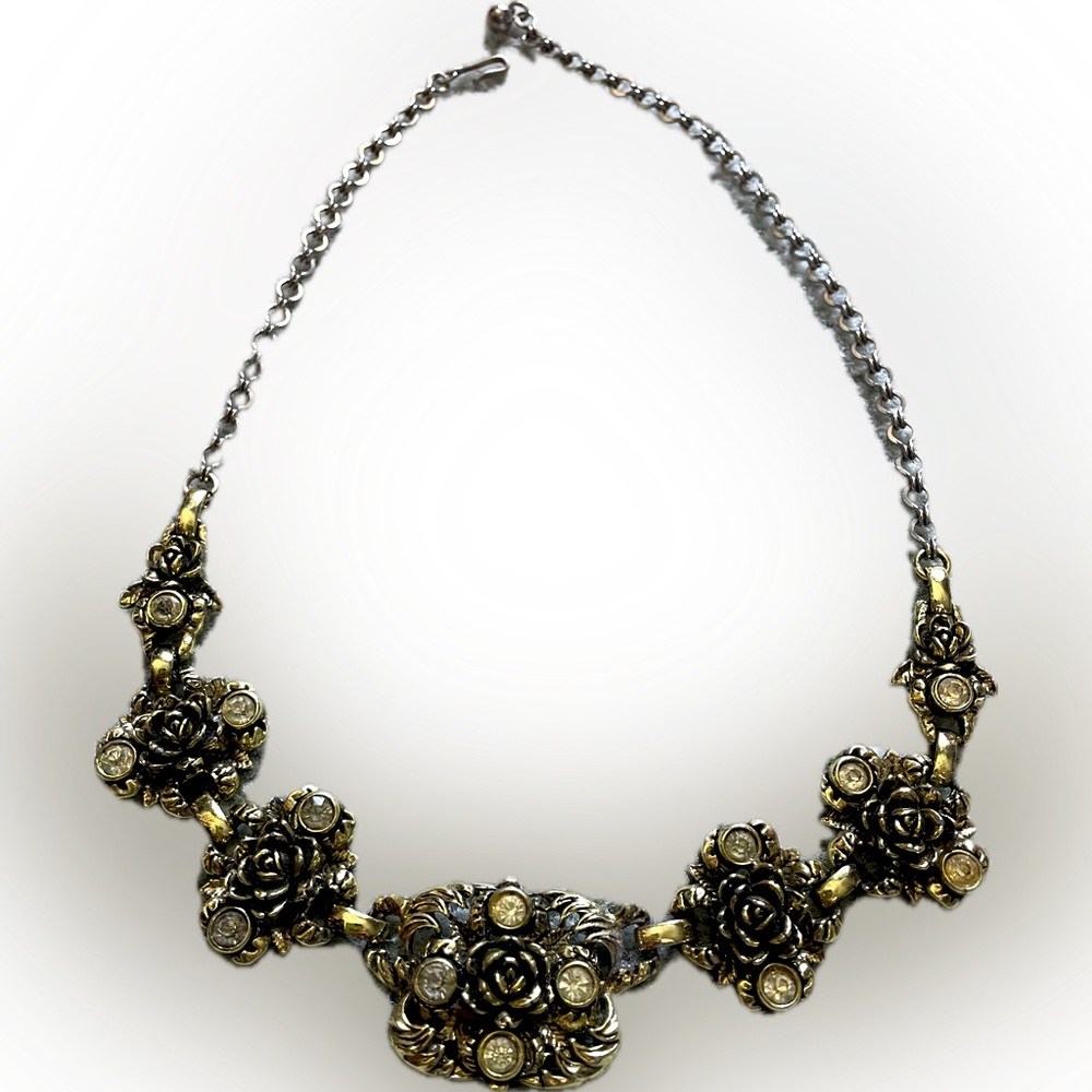 Gold tone vintage statement necklace with rose design & rhinestones. Gorgeous!